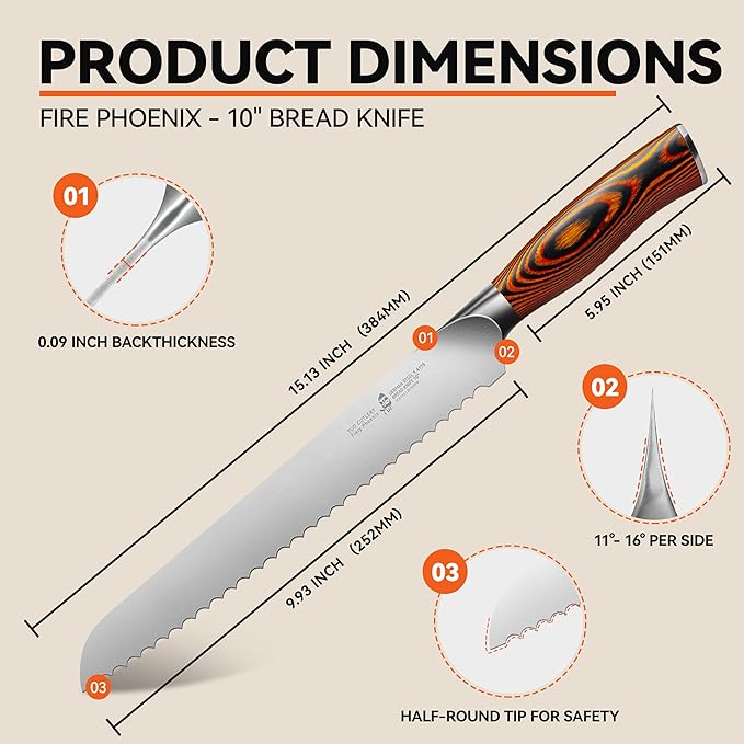 TUO Bread Knife, 10 inch Upgraded Serrated Knife for Homemade Sourdough Bread, High Carbon German Steel with Pakkawood Handle, Gift Box - Fiery Phoenix Series