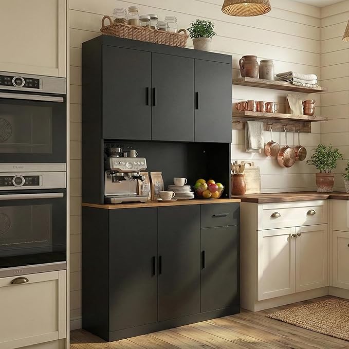 71 Inch Black Pantry Cabinet with Power Outlet, Heavy-Duty Freestanding Kitchen Storage Organizer with Reinforced Frame, Pantry Hutch for Kitchen, Dining Room, Living Room