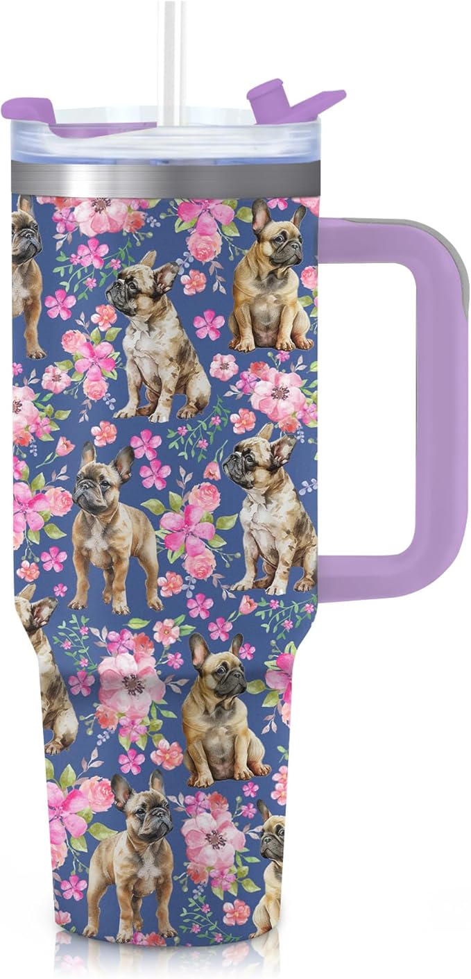 Yogusut Bulldog Gifts for Women, 40oz Stainless Steel Insulated Tumbler Travel Mug Cup with Handle Straw, Gifts for Dog Mom Dog Lover