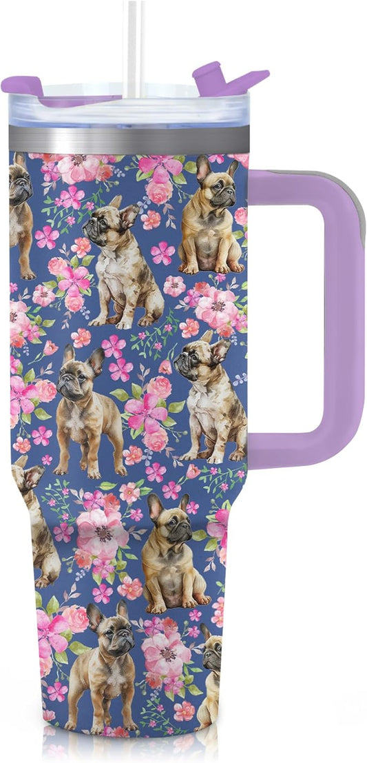Yogusut Bulldog Gifts for Women, 40oz Stainless Steel Insulated Tumbler Travel Mug Cup with Handle Straw, Gifts for Dog Mom Dog Lover