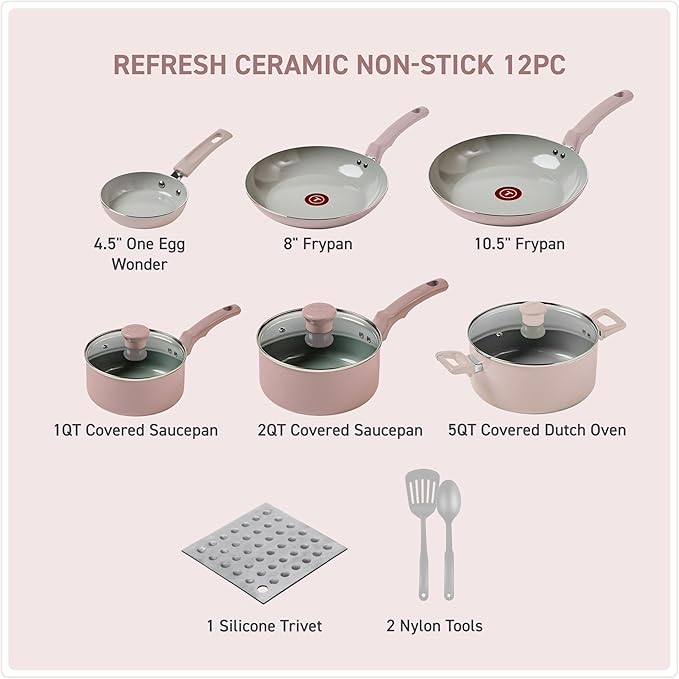T-Fal Refresh Ceramic Nonstick Cookware Set, 12-Piece Ceramic Pots and Pans Set, Oven Safe to 350째F, Includes Stockpot, Griddle, Frying Pans, & Utensils, Dusty Rose