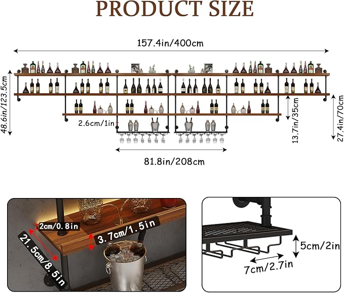 157in Large Wine Rack with LED Light, 4 Tiers Solid Wood Wall Mounted Wine Rack, Industrial Liquor Bottles Floating Shelves with Glass Holder for Home Bar/Dining Room (157.4in/400cm)