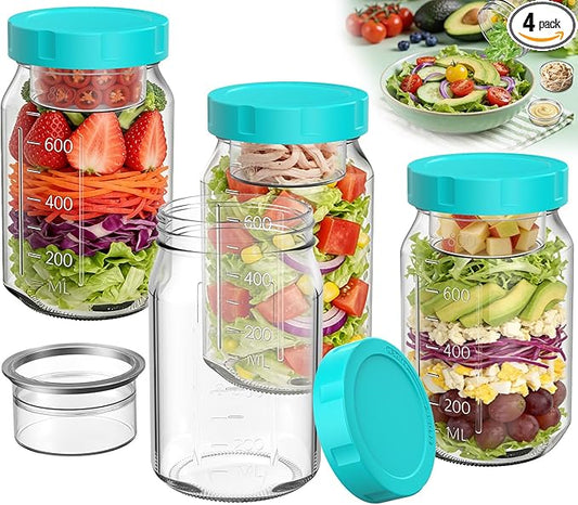 4Pack Glass Salad Jars with Lids, 32oz Salads Mason Jars with Wet/Dry Separation Cup, Meal Prep Salad Containers for Lunch, Leakproof Wide Mouth Food Storage Containers, BPA-Free Reusable (Mint Green)
