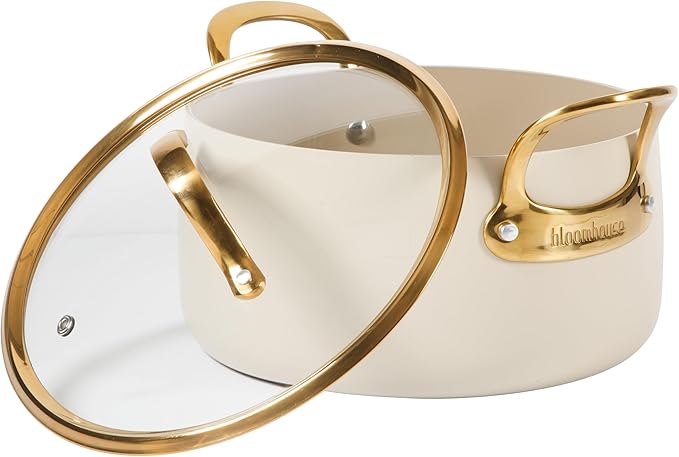 Bloomhouse - Two Time Oprah's Favorite Things Winner - 6 Quart Heavy Duty Aluminum Premium PFA Free Ceramic Nonstick Dutch Oven Pot with Lid - Almond Cream w/Gold Handle