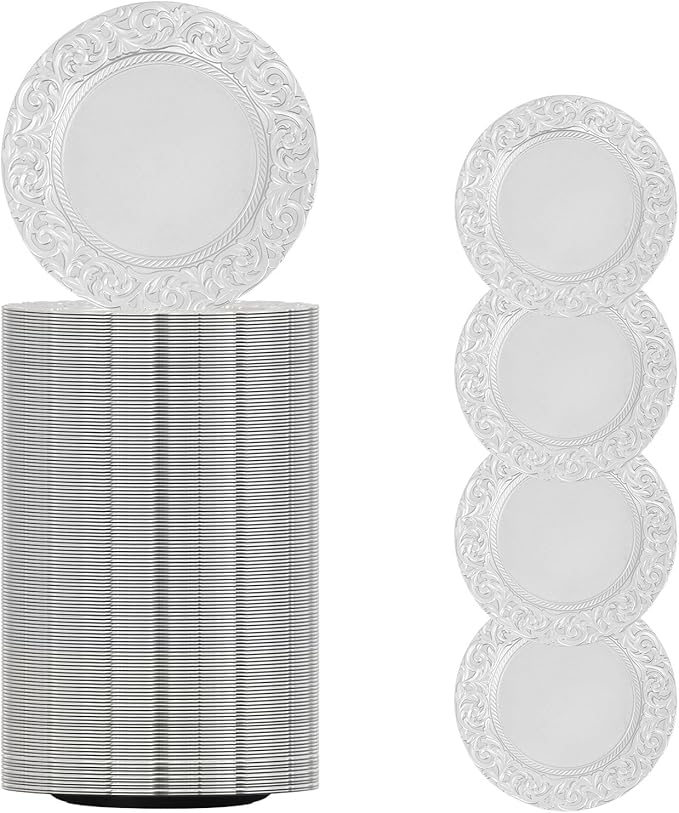 150pcs Silver Charger Plates, 13" Round Reusable Decorative Flower Relief Carving Bulk Chargers for Dinner Plates, Wedding, Bridal Shower