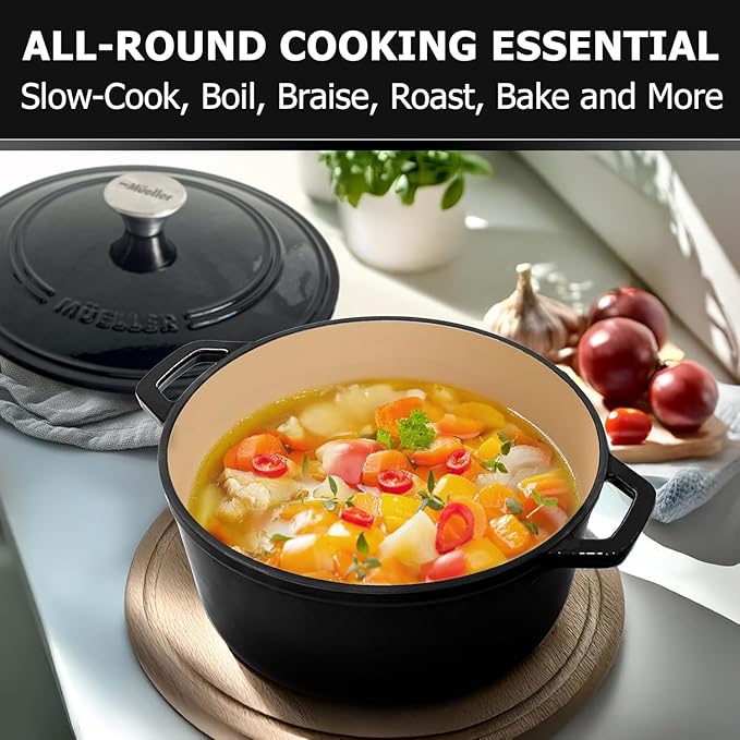 MUELLER HOME 7.5 QT Enameled Cast Iron Dutch Oven, Heavy-Duty, Oven-Safe up to 500째 F & Across All Cooktops, Casserole Dish and Braiser Pan with Lid and Stainless Knob, Black
