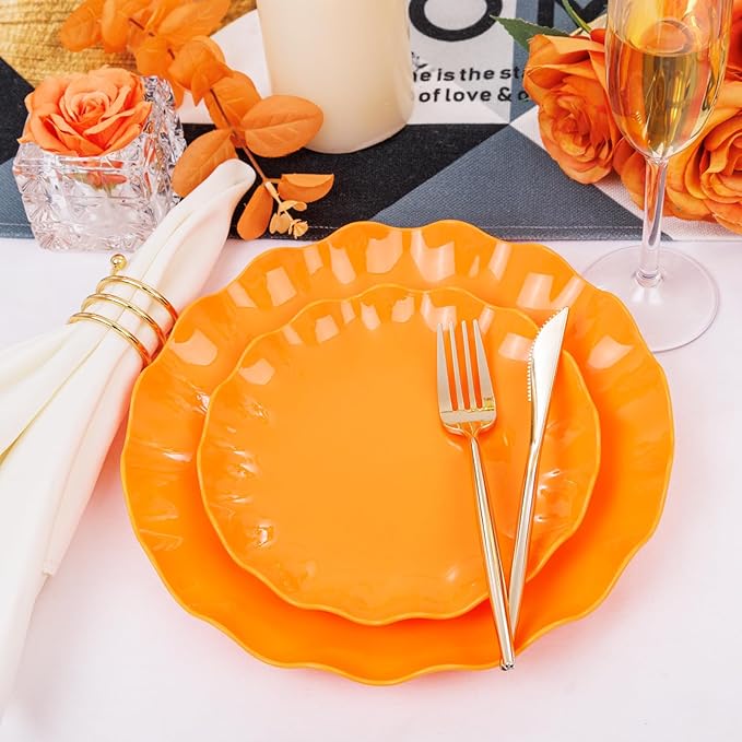 LIYH 24 Pcs Orange Plastic Plates Reusable Orange Plates Scalloped Plastic Plate for Holiday Party Dishwasher Safe Sturdy Reusable (12 Guests) Suitable for Holiday Gatherings