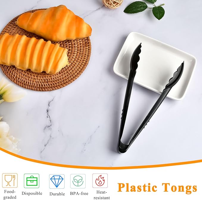 30 Pcs Black Plastic Serving Tongs, 8.5 Inch, Heavy Duty Reusable, Ideal for Buffets, BBQ, Weddings, Catering, Party