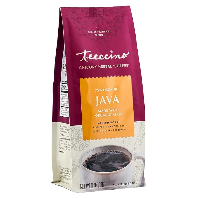 Teeccino Java Chicory Coffee Alternative - Ground Herbal Coffee That?™s Prebiotic, Caffeine Free & Acid Free, Medium Roast, 11 Ounce (Pack of 6)