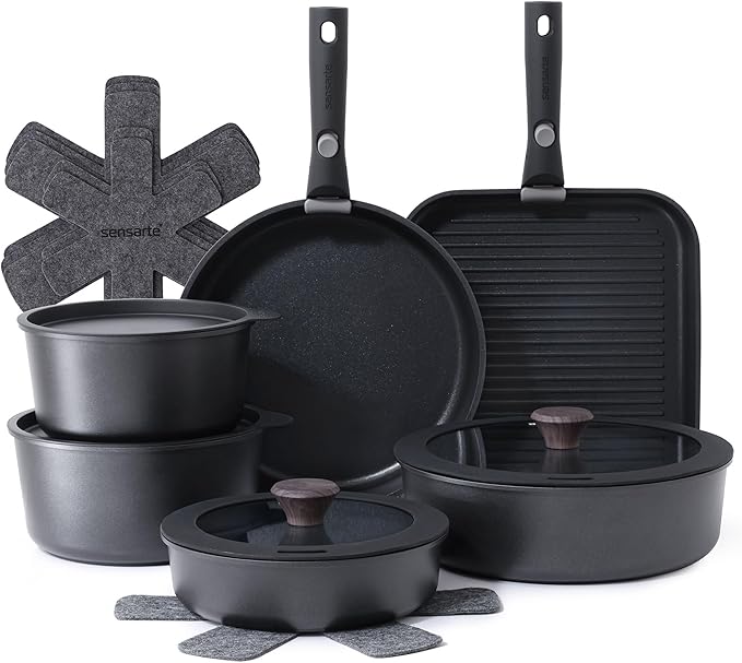 SENSARTE 17 Piece Pots and Pans Set, Nonstick Detachable Handle Cookware Set, Induction Kitchen Cookware Set with Removable Handle, Healthy Non Stick for RV, Dishwasher 竊?Oven Safe, PFOA Free (Black)