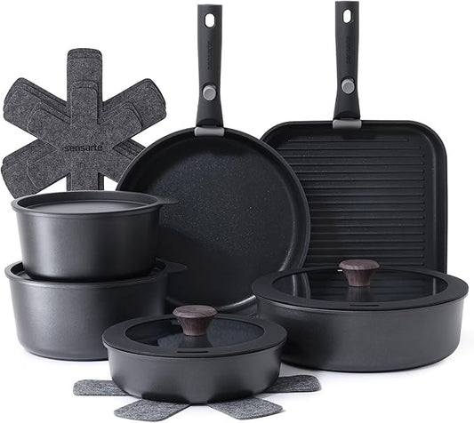 SENSARTE 17 Piece Pots and Pans Set, Nonstick Detachable Handle Cookware Set, Induction Kitchen Cookware Set with Removable Handle, Healthy Non Stick for RV, Dishwasher 竊?Oven Safe, PFOA Free (Black)