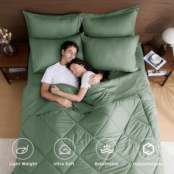 HEVUMYI Sage Green Twin Comforter Set - 5-Piece All Season Bed in a Bag Twin, Ultra Soft Bedding Set with Comforter, Flat Sheet, Fitted Sheet, Pillowcases, Pillow Shams, Sage Green