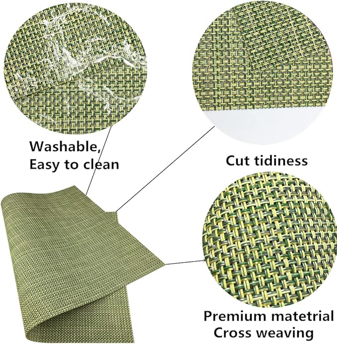 WAZAIGUR Placemats Easy to Clean Crisscross Woven Vinyl Place Mats Indoor Dining Durable Non-Slip Heat Resistant Table Mats for Kitchen Table Set of 4,Green and Yellow