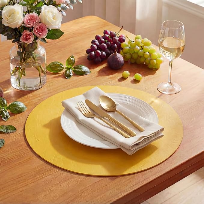 Artoid Mode Yellow Faux Leather Placemats Set of 6, 15 Inch Waterproof Wipeable Heat Resistant Place Mats, Reversible Table Mats for Summer Kitchen Dining Decor
