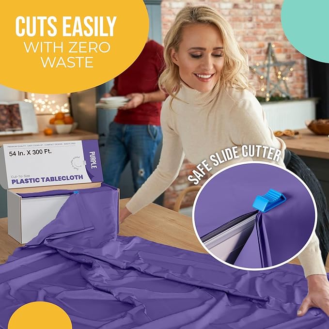 Exquisite Purple Plastic 54x300in Rectangular Tablecloth Roll with Built-in Cutter - 30 Feet, Disposable, Waterproof, All-Season, Birthday