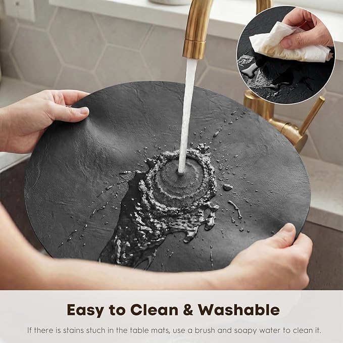 Artoid Mode Black Faux Leather Placemats Set of 4, 15 Inch Waterproof Wipeable Heat Resistant Place Mats, Reversible Table Mats for Kitchen Dining Decor