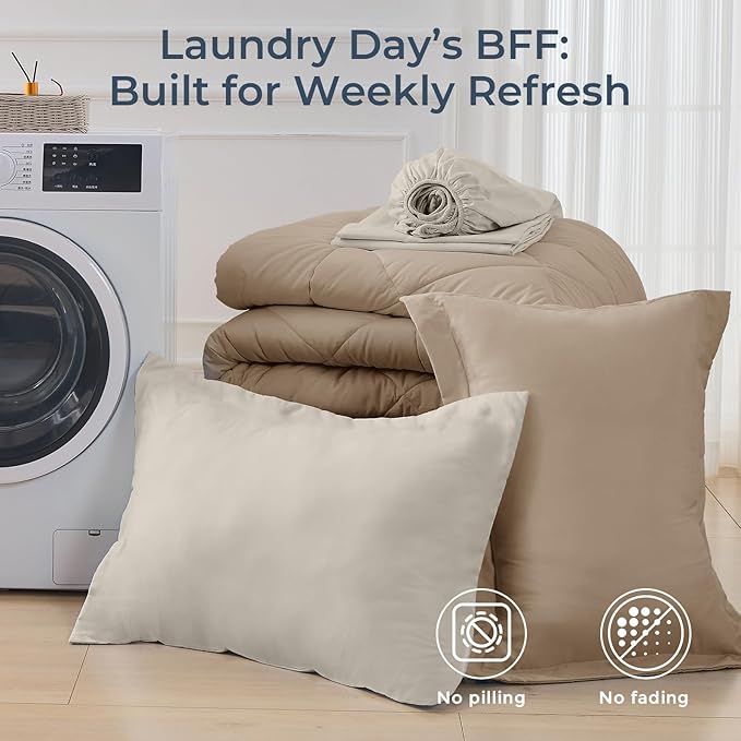 HEVUMYI Khaki & Linen Twin-XL Comforter Set - 5-Piece All Season Bed in a Bag Twin-XL, Ultra Soft Bedding Set with Comforter, Flat Sheet, Fitted Sheet, Pillowcases, Pillow Shams