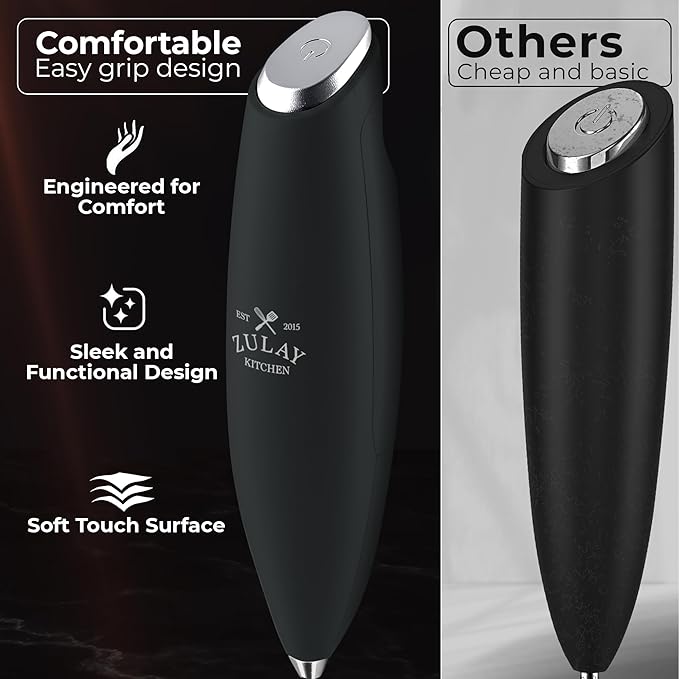 Zulay Kitchen Patented Tornado Triple Whisk Milk Frother with 4 Duracell Batteries ??Handheld Foam Maker for Coffee, Lattes, Matcha & Hot Chocolate ??Rich, Creamy Froth in Seconds
