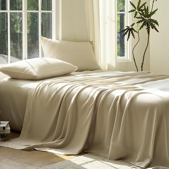 DOZ Sheet Set, 100% Viscose derived from Bamboo, Organically Grown, Buttery Soft, Cooling Sheets, High GSM, Deep Pockets - 4 Piece - 2 Pillowcases 1 Fitted 1 Top Sheet (Sand, Full)