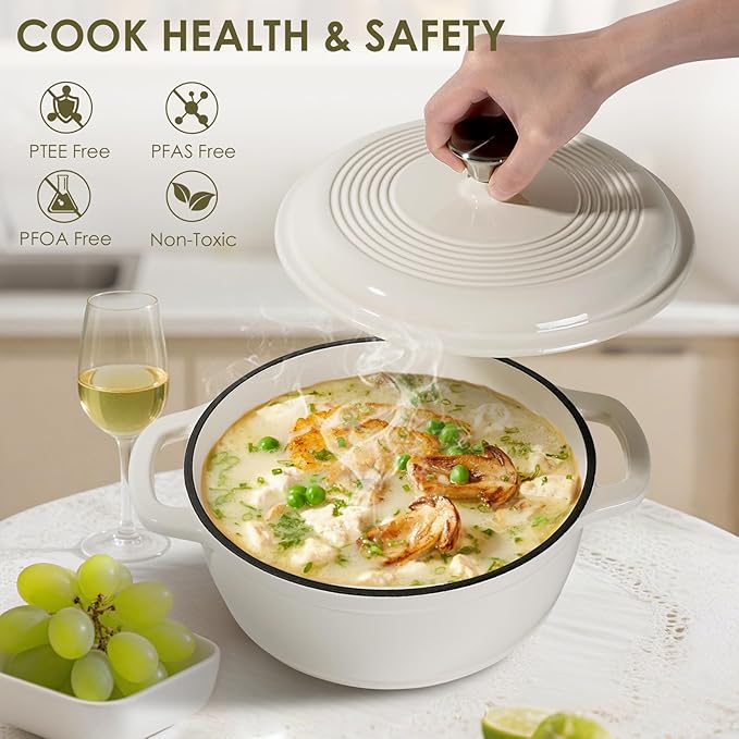 Enameled Cast Iron Dutch Oven Pot With Lid - AIVIKI 5QT Dutch Oven for Bread Baking With Cotton Potholders - Heavy-Duty Cookware for Braising, Stew, Roasting, Oven Safe up to 500째F, Cream White