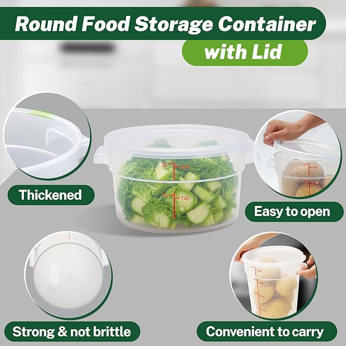 Round Food Storage Container with Lid, 2 Qt Translucent, Commercial 4 Pack of ??NSF Listed, BPA-Free, Polypropylene, Non-Stick, Scale, with Labels & Measuring Cups
