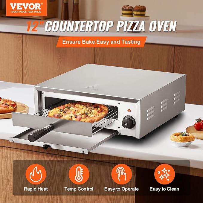 VEVOR Countertop Electric Pizza Oven, 12-inch, 1500W, 122-662??Temp Range, Stainless Steel Construction and Easy-to-Clean Crumb Tray, Suitable for Both Commercial and Home Use