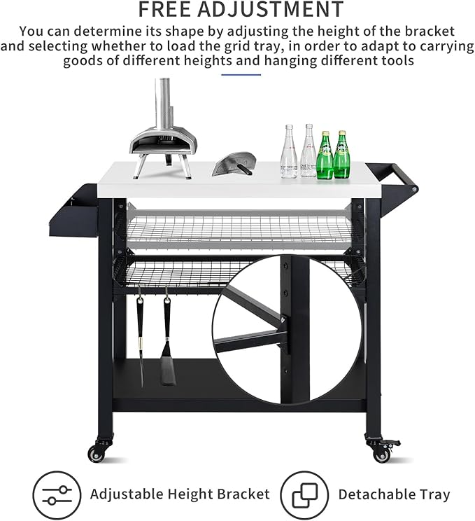 Polar Aurora Three-Shelf Movable Outdoor Grill Cart Pizza Oven Stand, Multifunctional Kitchen Food Prep Table with Drawer, Stainless Steel Desktop Dining Worktable on 4 Wheels & Seasoning Tray