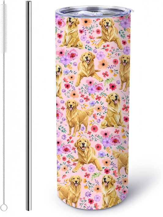 Yogusut Golden Retriever Gifts for Women, 20oz Stainless Steel Insulated Tumbler Travel Mug Cup with Lid Straw Brush, Gifts for Dog Mom Dog Lover