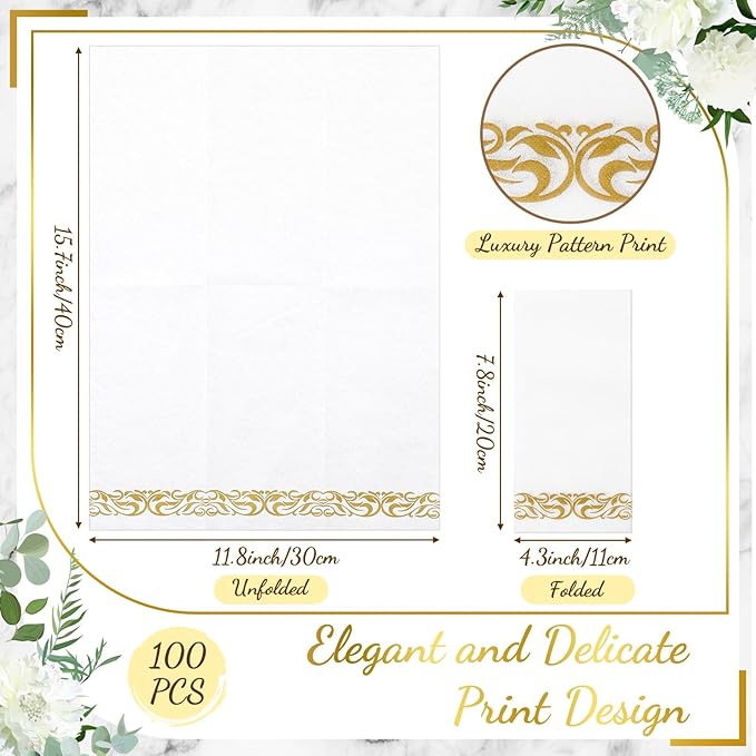 Nitial 100 Set Reef Charger Plate Set Bulk 13 Plastic Charger Plates Ruffled Rim with Paper Napkins Guest Towels for Table Setting Wedding Party (Gold)