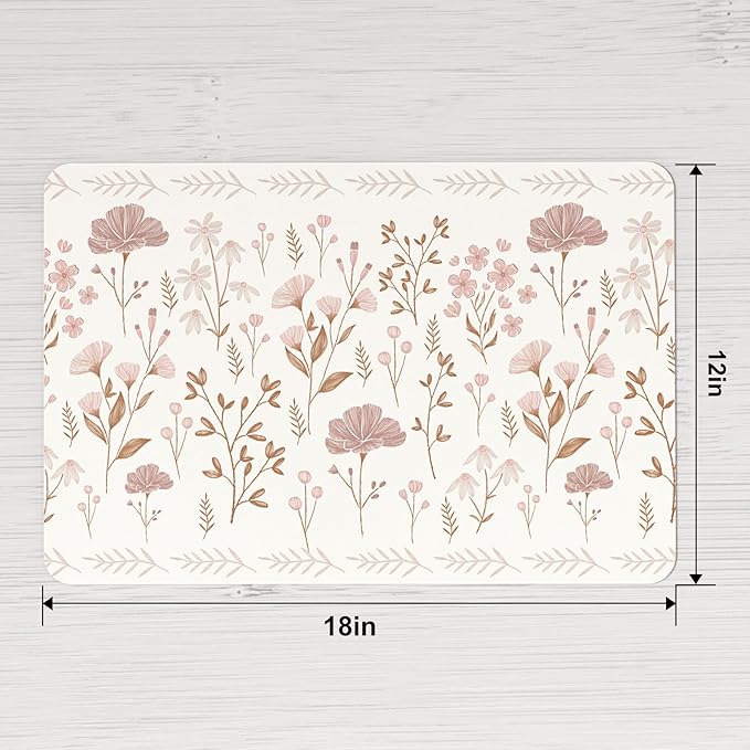 QIYI Placemats Set of 4, 12x18 Inch Faux Leather Place Mats for Kitchen Dinning, Heat Resistant Anti Slip Floral Table Mats, Waterproof Wipeable Washable Placemat Party Beige Table D챕cor, Pink Flowers
