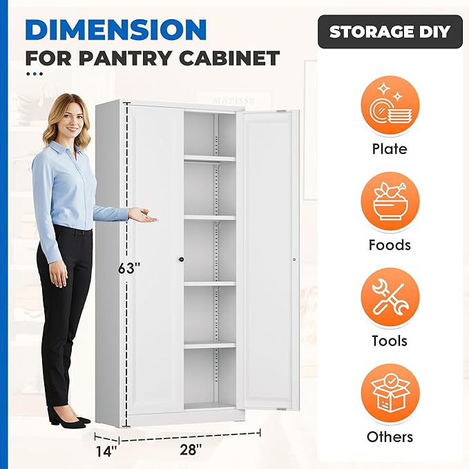 INTERGRAET Kitchen Pantry Cabinet, 63" Tall Metal Pantry Storage Cabinets with 2 Doors and 4 Shelves, White Metal Storage Cabinet,Cupboard for Home,Kitchen,Living Room/Dining