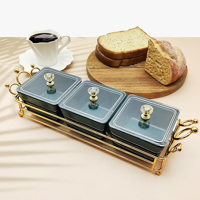 YA JU Ceramic Bowls and with Lid Gold Basket Trays, 3 Removable Small Bowls Condiment Trays Nut Serving Set for Snacks, Fruits, Candy and Condiments - Great for Parties, Green