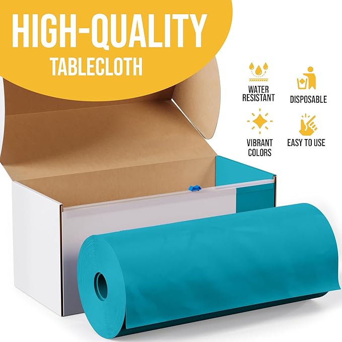 Party Solids 54 Inch X 300 Feet Turquoise Plastic Table Cover Roll in A Cut - to - Size Box with Convenient Slide Cutter. Cuts Up to 36 Rectangle 8 Feet Plastic Disposable Tablecloths