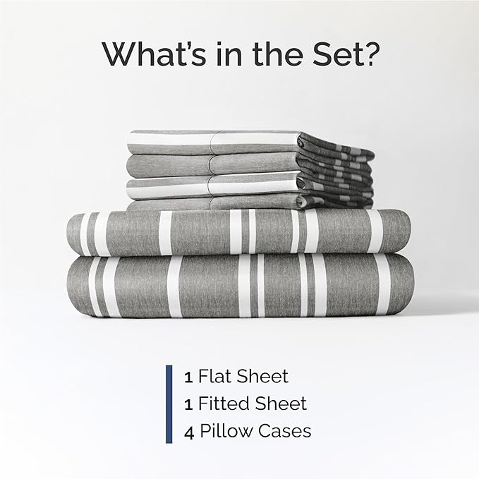 Full 6 Piece Sheet Set - Cooling & Breathable Bed Sheets - Hotel Luxury Bed Sheets for Women, Men, Kids & Teens - Bedding w/Deep Pockets & Easy Fit - Soft & Wrinkle Free - Full Grey Stripes Sheets