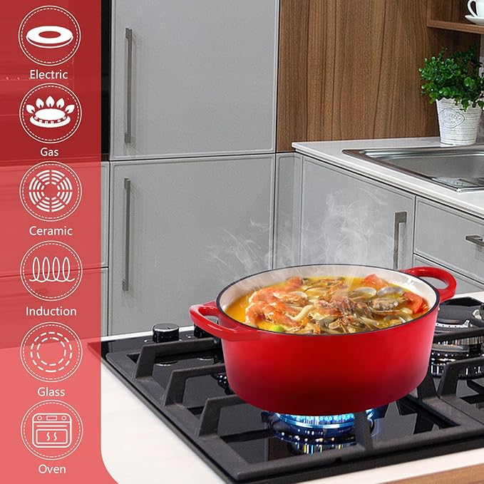 P&P CHEF Oval Dutch Oven with Lid, Enameled Cast Dutch Oven Pot for Bread Baking, Braising, Stewing, Roasting, Non-Stick & Oven Safe, Dual Handles & Easy Clean, 5QT & Red