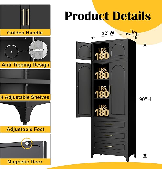 Kitchen Pantry Cabinet竊?0" Storage Cabinets with Doors and Shelves,Metal Pantry Cabinet with 3 Drawers,Black Kitchen Cupboard for Livingroom,Pantry, Bathroom