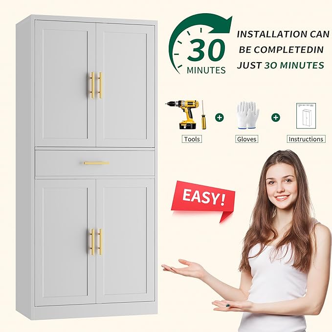 CJF 71" H Metal Kitchen Pantry Storage Cabinet, Freestanding Cupboard with Adjustable Shelves and 1 Drawer, Standing Storage for Kitchen, Bathroom, Garage, Dinning Room or Utility Room（White）