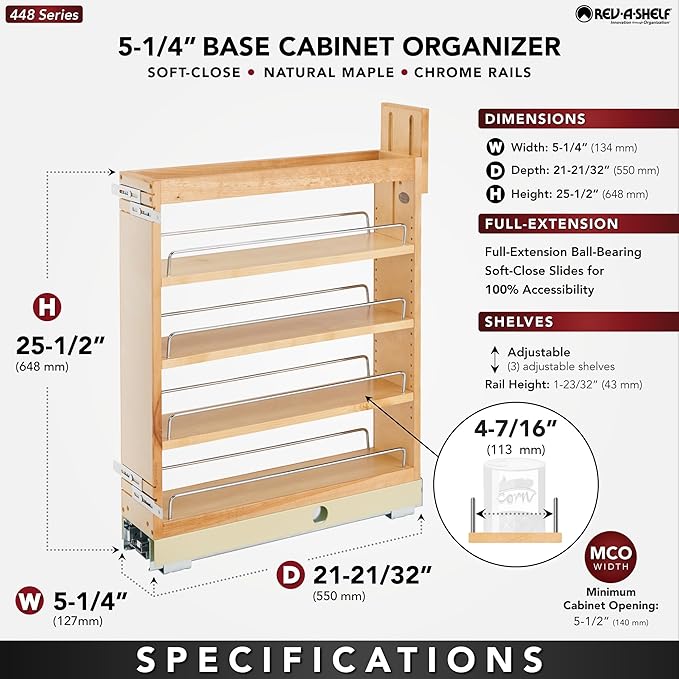 Rev-A-Shelf 5" Pullout Shelf Organizer for Kitchen and Bathroom Base Cabinets, Wooden Slide Out Spice/Medicine Rack with Soft-Close, 448-BCBBSC-5C