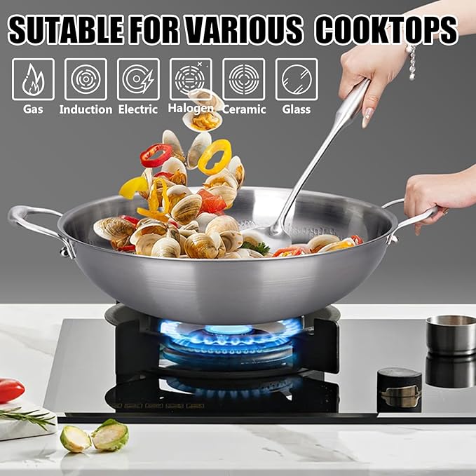 12.6 Inch Titanium Hammered Wok with Double Handles, Frying Pans Nonstick, Non-Stick Wok, Scratch-Resistant Non Stick Titanium Pans for Cooking,No lid 12.6in