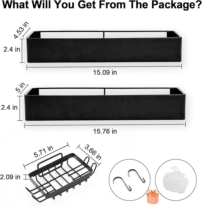 Premium Shower Caddy, 3 Pack Black, Rustproof Stainless Steel Shower Organizer and Storage, No Drill Shower Shelves with Quick Drainage and High Weight Capacity