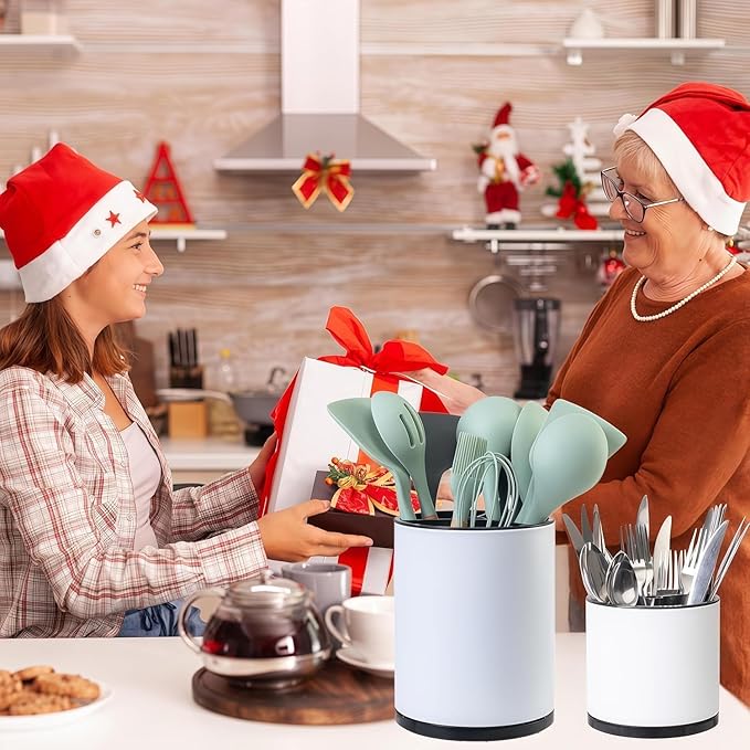 Kitchen Utensil Holder Extra Large Rotating For Counter Organizer Stainless Steel Storage Cooking Silverware Caddy 3 Compartment Flatware Spoon Spatula Tool Cutlery Container(2 Set White)