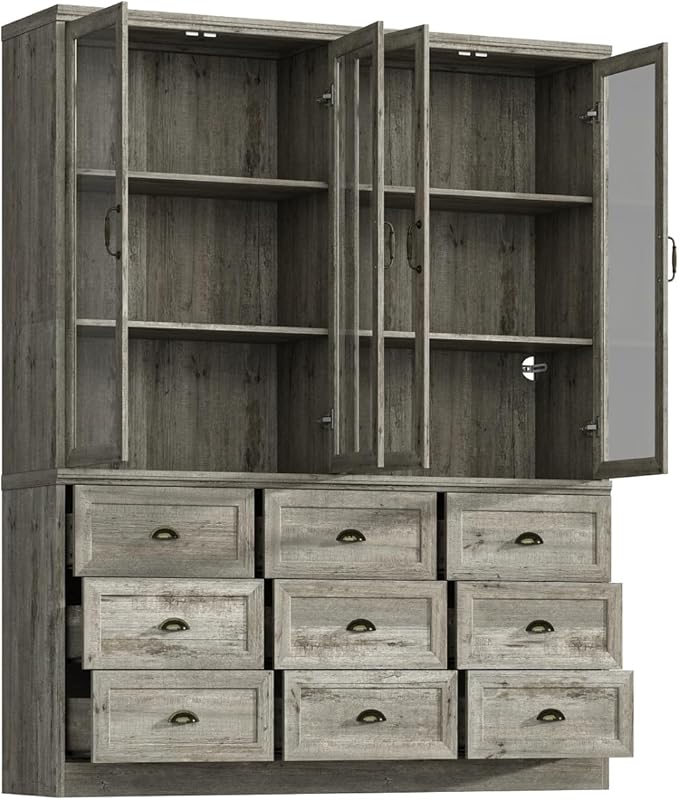 78.7" Tall Curio Display Cabinet for Collection, 3 Tier Bookshelf with 9 Drawers & 4 Tempered Glass Doors, Showcase Display Cabinets for Living Room with Adjustable Shelves, Antique Oak