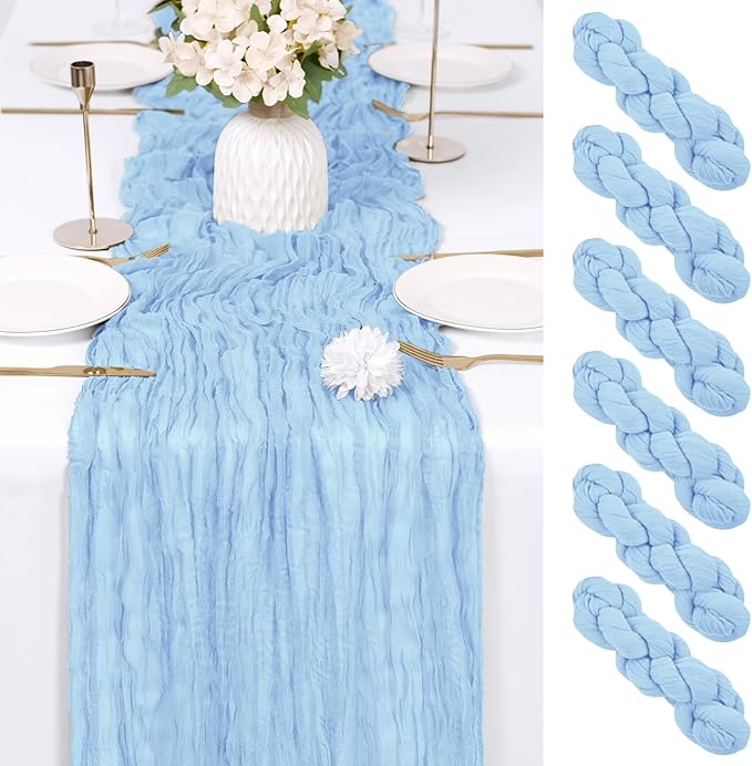 RealBox 6 Pack Baby Blue Cheesecloth Table Runner 17x108 Inch Semi Sheer Boho Gauze Cheese Cloth Fabric Table Runners Table Decor for Wedding Party Baby Shower Birthday Home Decor Garden Farmhouse