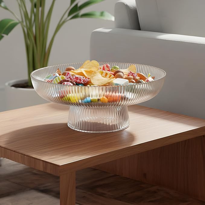 Large Glass Fruit Bowl for Kitchen Counter Decorative Centerpiece Bowl for Table Home D챕co, Clear Ribbed