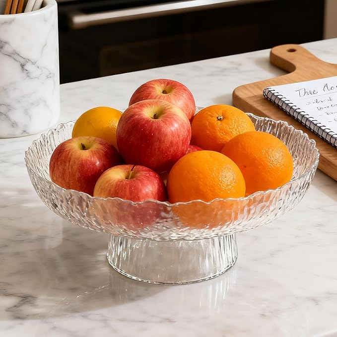 Large Glass Fruit Bowl for Kitchen Counter Decorative Centerpiece Bowl for Table Home D챕co, Clear Hammered