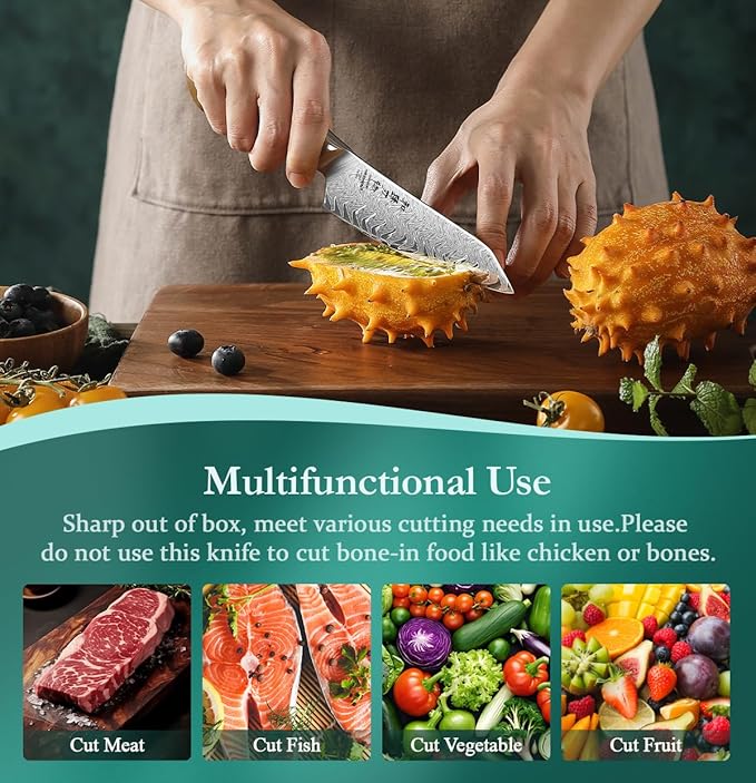 HEZHEN Kitchen Utility Knife, 5.5 Inches, 67 Layers Damascus Steel, Multifucational Paring Knife for Chefs and Home Cooking, Ultra-sharp Blade with Linen Micarta Handle, Gift Packing