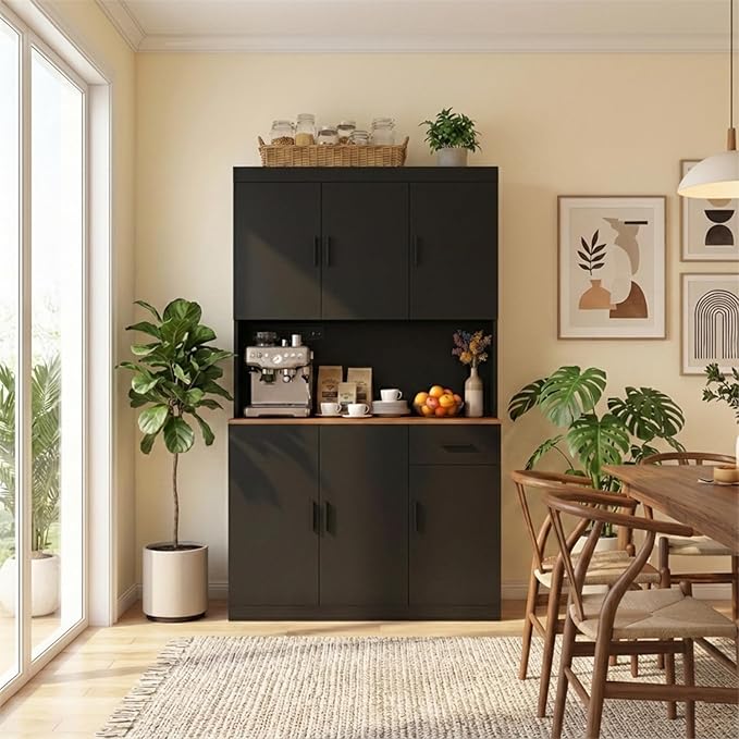 71 Inch Black Pantry Cabinet with Power Outlet, Heavy-Duty Freestanding Kitchen Storage Organizer with Reinforced Frame, Pantry Hutch for Kitchen, Dining Room, Living Room