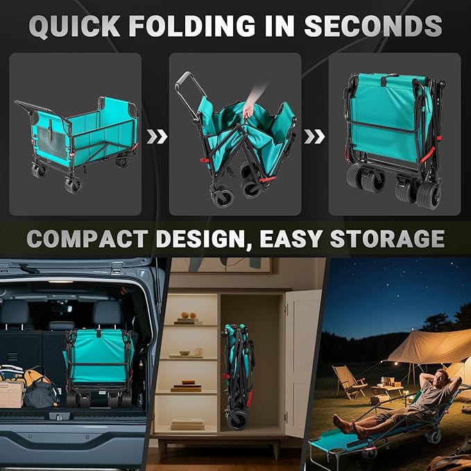 LEVELEVE Heavy Duty Folding Wagon - 2-in-1 Collapsible Cart, 650lb Capacity, All-Terrain Wheels w/Brakes & Side Pockets (Sky Blue)