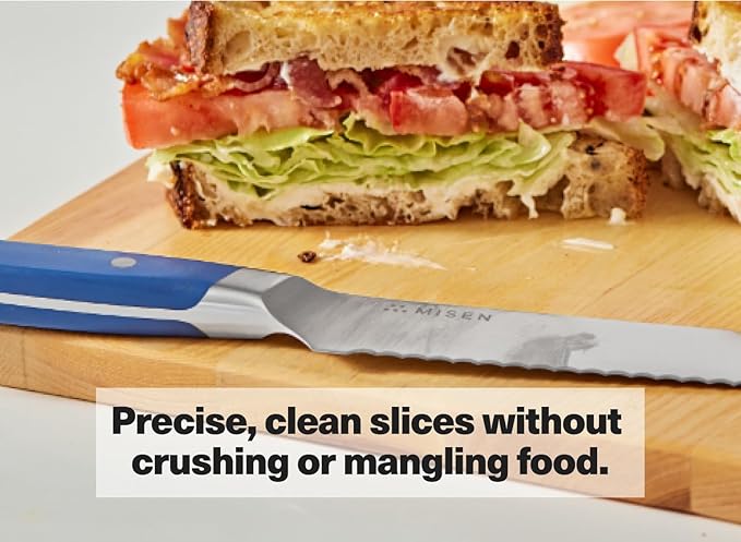 Misen Serrated Bread Knife - High-Carbon Japanese AUS8 Steel - Perfect for Soft Foods, Bread, Pastries, and Fruits - Verstatile Slicer, Razor-Sharp Edge, Durable Blade, Ergonomic Handle - 8", Blue