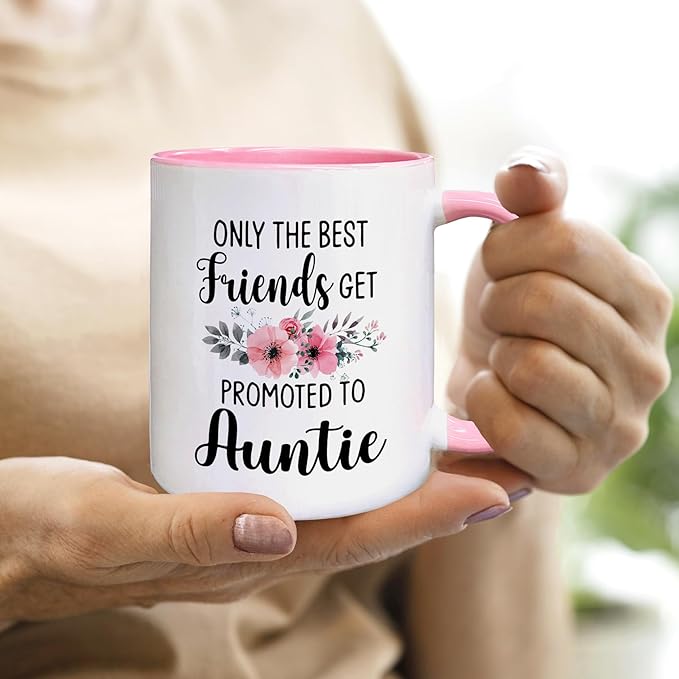 QASHWEY Auntie to Be Gifts Coffee Mug, Funny Pregnancy Announcement Gifts for Best Friend NewAuntie, Get Promoted to Auntie Double Side Printed Ceramic Mug Cup 11 Ounce(Pink)